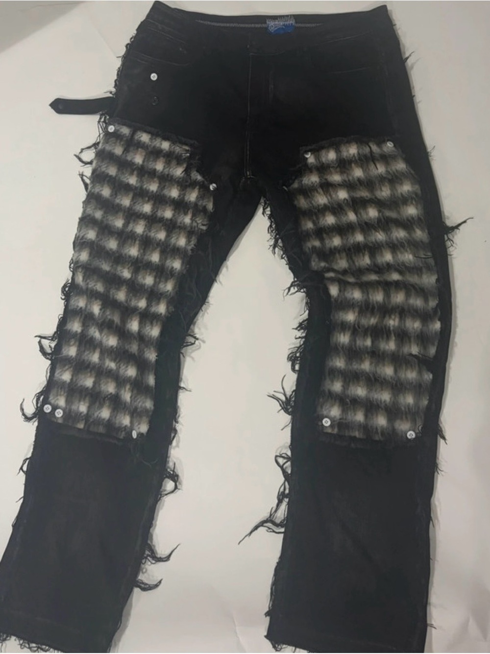 Lifted Anchors Men's Black Straight Jeans with Fuzzy Gray Plaid Knee Panels